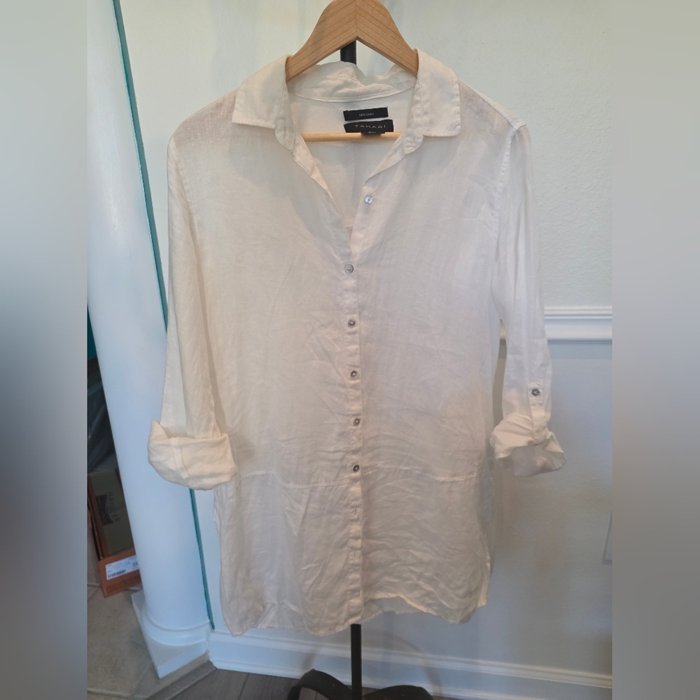 Tahari 100% Linen White Lagenlook Relaxed Tunic Button Down Shirt Sz Small - Picture 3 of 6